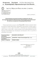 Potwierdzenie przyjcia formularza przekazania danych do Krajowego Systemu Informowania o Kosmetykach wprowadzonych do obrotu na terenie Rzeczypospolitej Polskiej wydane przez Instytut Medycyny Pracy im. J. Nofera w odzi.